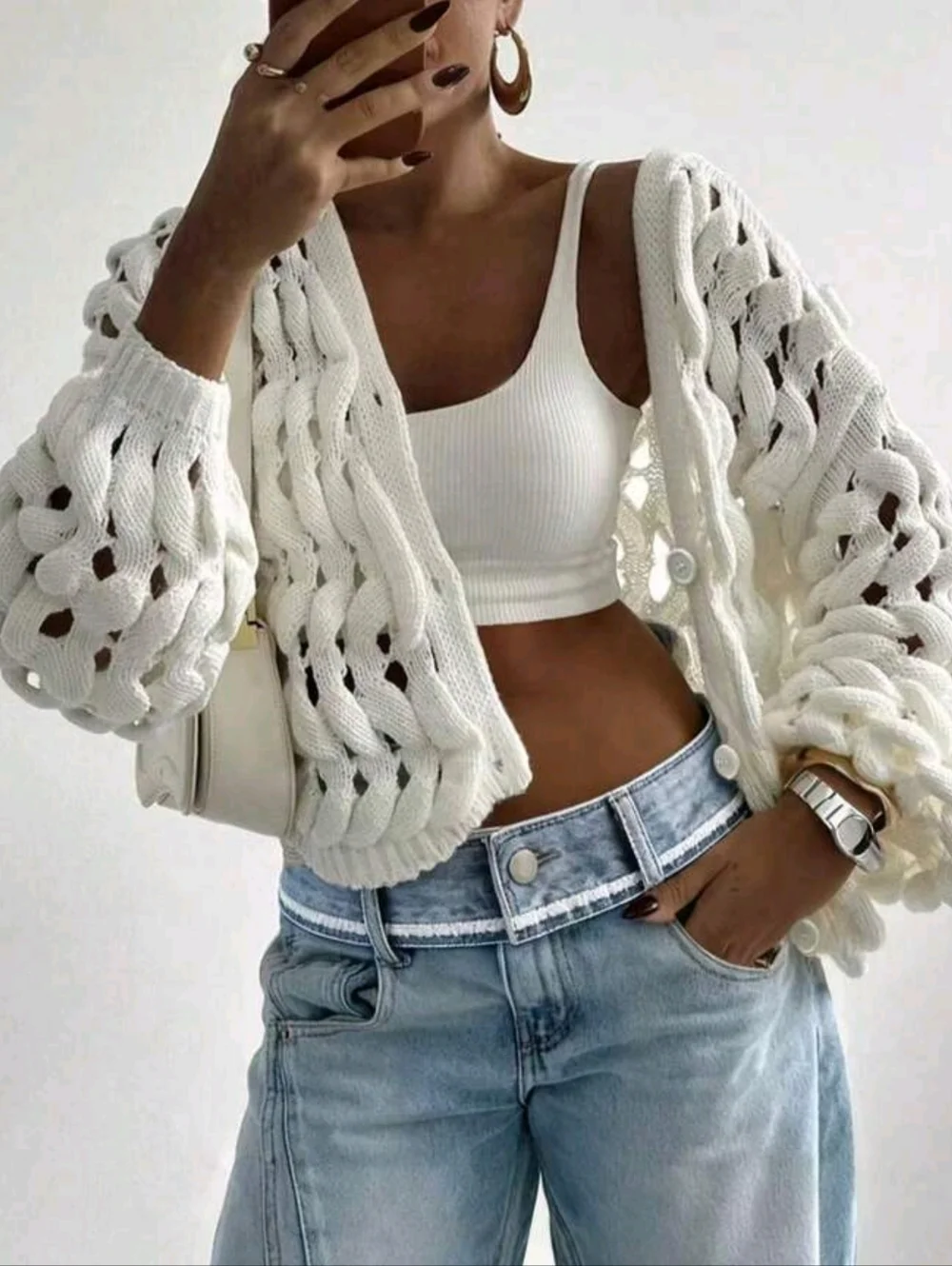 Chunky Open-Knit White Button Cardigan Sweater